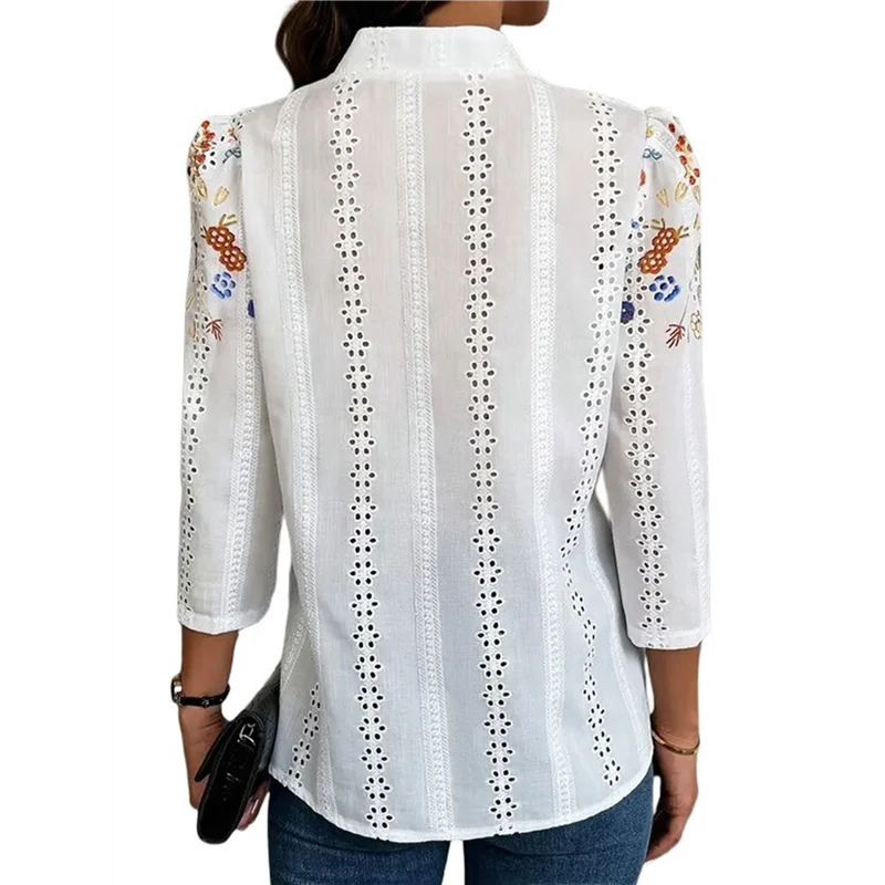 

ASDS-Women's Floral Eyelet Embroidery Band Collared 3/4 Puff Sleeve Blouses Button Down Casual Shirts