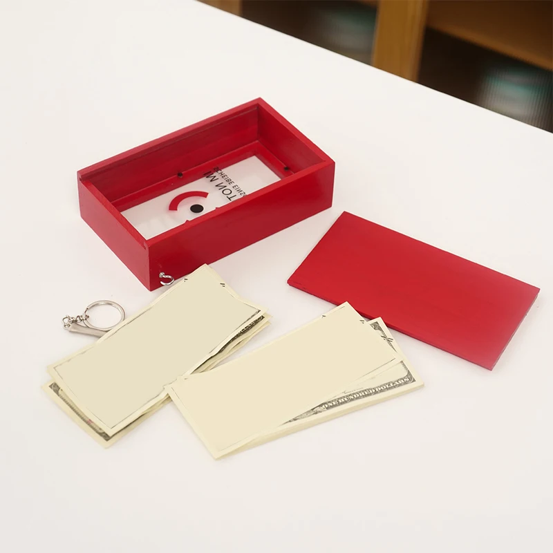 Unieke transparante spaardoos, rood hout voor kinderen en volwassenen.