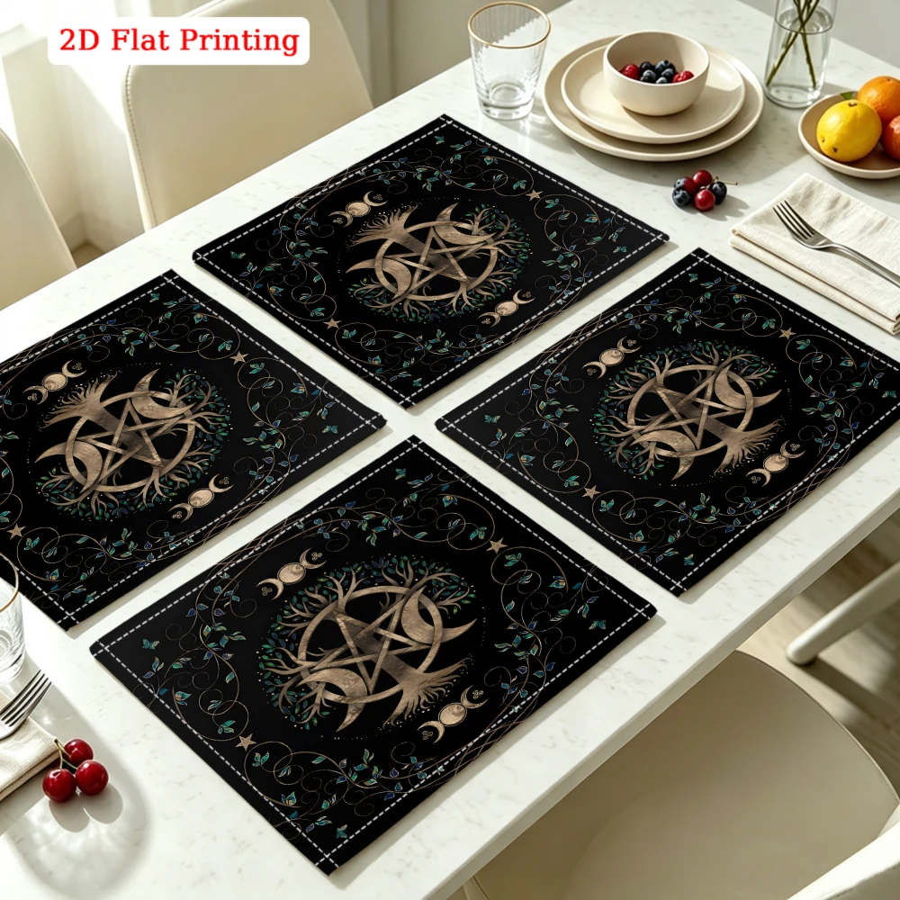 2Pcs Gothic Pentagram Tree Of Life Placemat Black Mystical Moon Phase Design Table Mat Kitchen Dining Decor Protection 30X40Cm