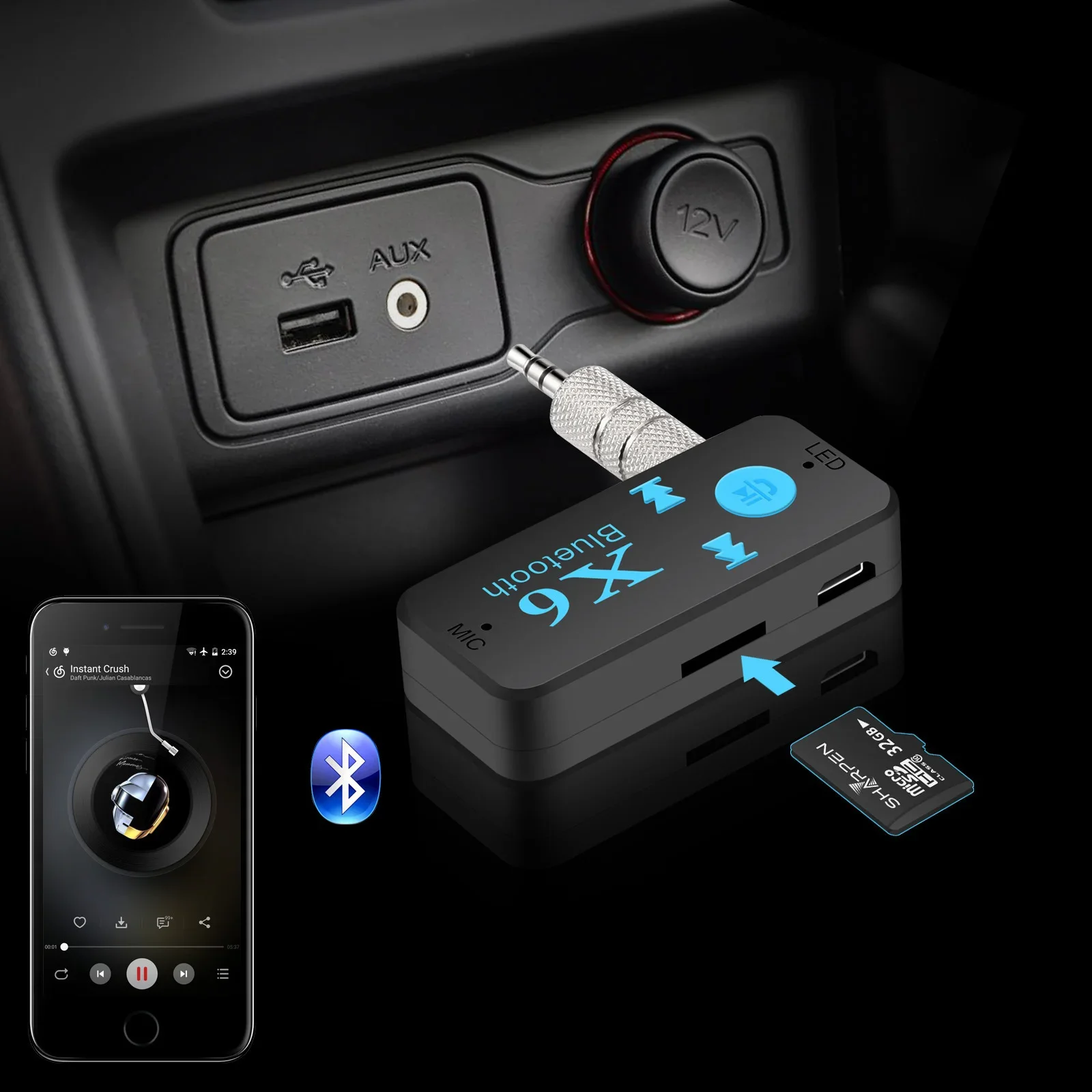 Récepteur Bluetooth sans fil X6, adaptateur audio de musique, prise 3.5mm, dongle AUX, kit de voiture, câble V4.1, interface TF pour haut-parleur iPhone