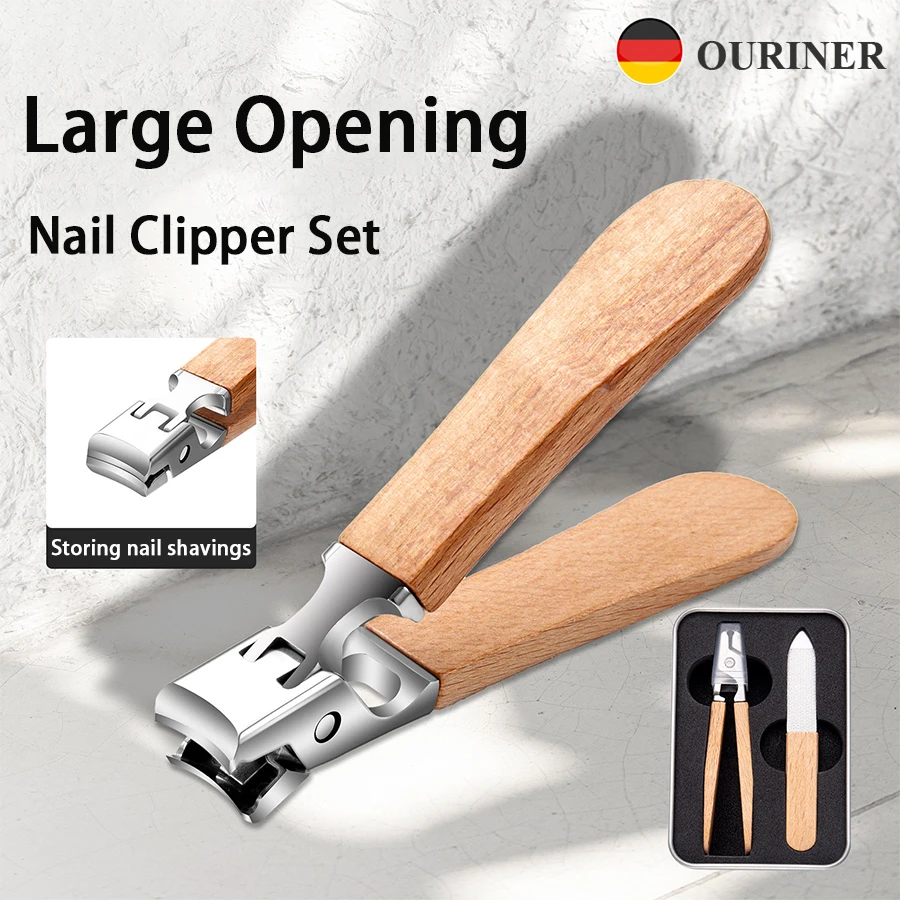 Wooden Anti Splash Nail Clipper Stainless Steel Thick Nails Toenail Trimmer Nail Accessories Long Handle with Catcher Nail File