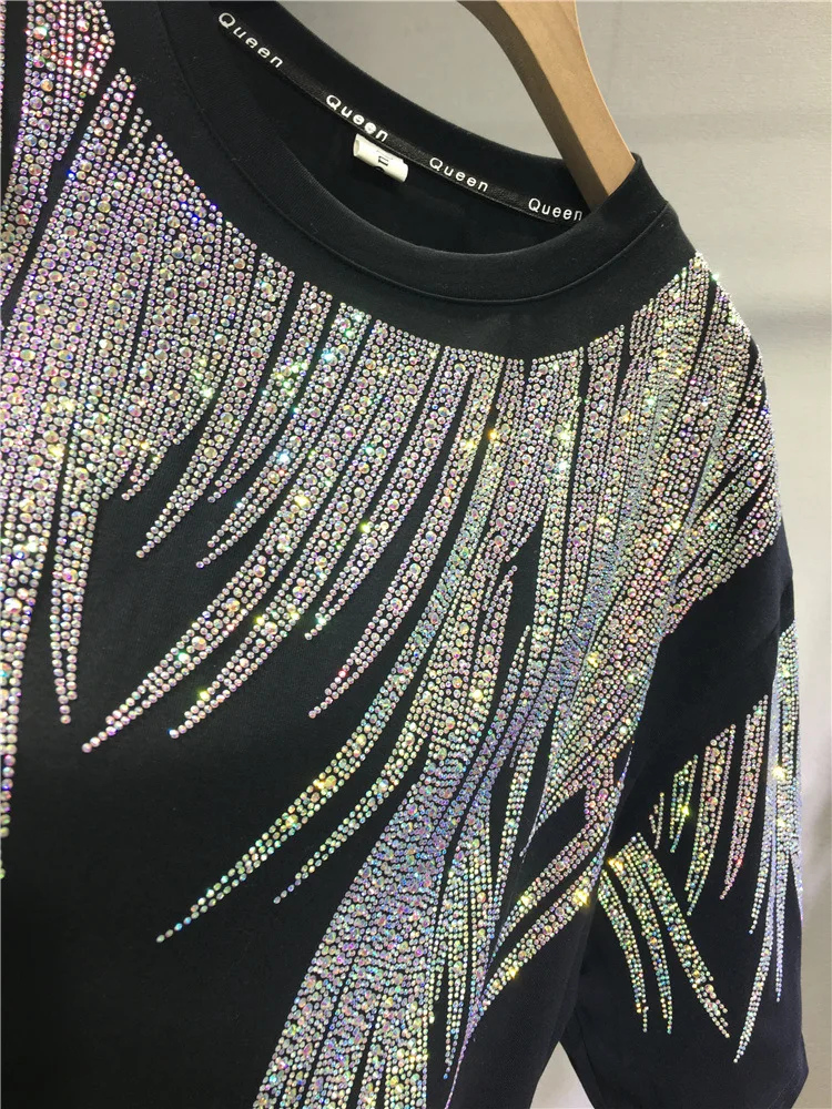 L-4XL Plus Size Tops Rhinestone Graphic T-shirts Luxury Women Summer Short Sleeve Oversized T Shirt Cotton Womens Clothing