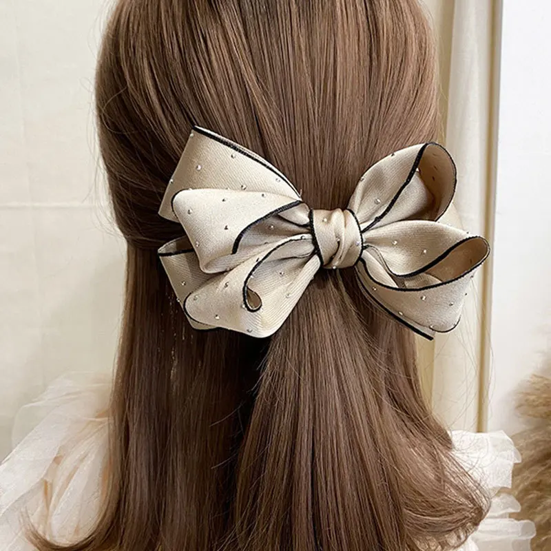 Handmade Bow Hairpin for Girl Houndstooth Plaid Hairpin Rhinestone Temperament Ponytail Clip Spring Clip Back Head Top Clip