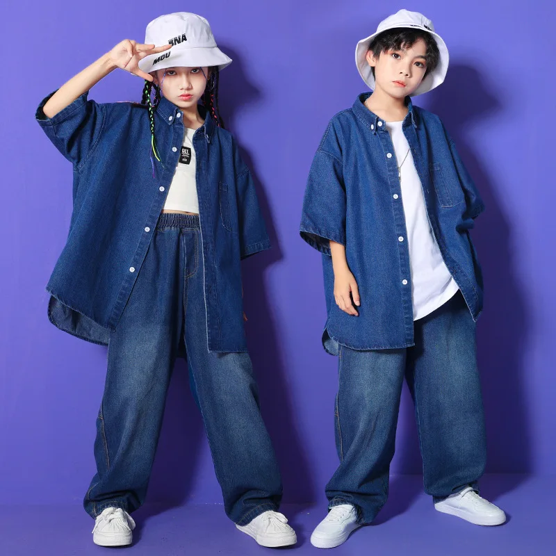 Kid Hip Hop Clothing Denim Blue Shirt Short Sleeve Jacket Streetwear Jeans Baggy Pants for Girl Boy Jazz Dance Costume Clothes