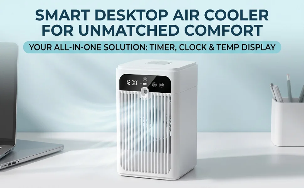 Desktop Air Conditioner with Timer Clock Ambient Temperature Display Quiet 500ML Rechargeable Desk Air Cooler Fan for Home Offic