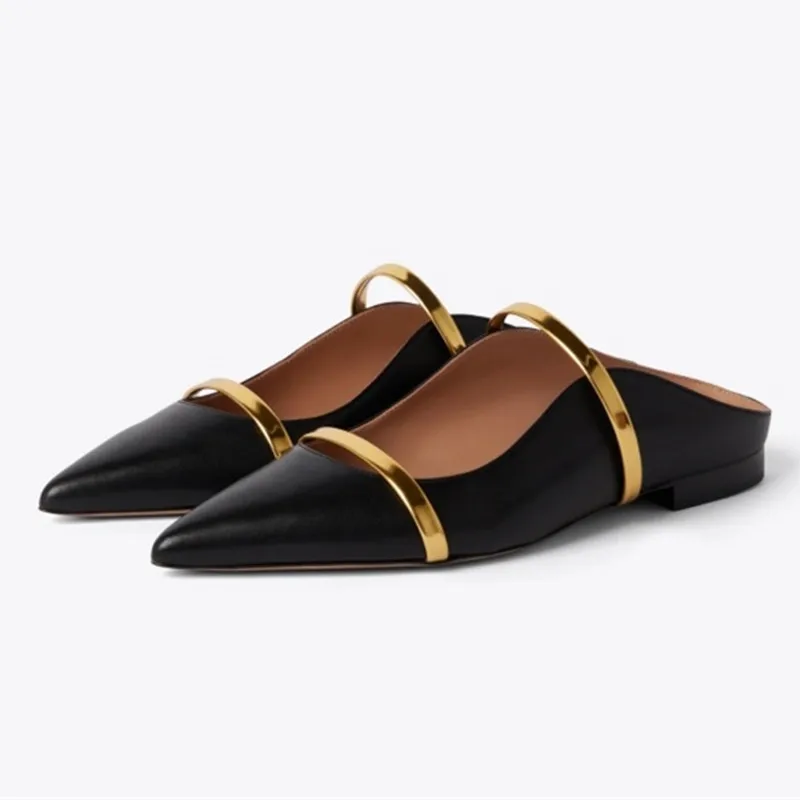 2026 New Style Flat Mules Casual Shoes With Double Buckle Straps Fashionable Half Slipper Pointed-Toe Flat Shoes Big Size 35-45