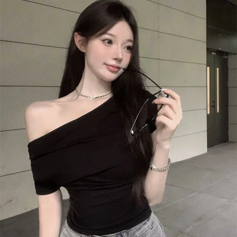 Gentle Temperament Slash Neck T-shirt Top Women Collarbone Off Shoulder Shirring Irregular Sweet Spicy Girl Solid Slim Lady Wear