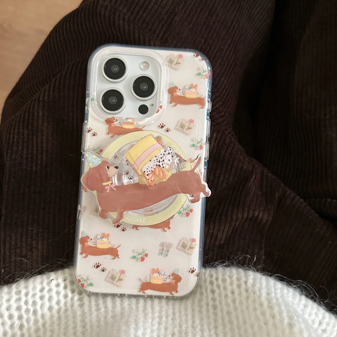 

Korean Cartoon Cute Dachshund Magsafe Wireless Charge Phone Case For iPhone 13 14 15 16 Pro Max puppy Magnetic rotate Holder﻿