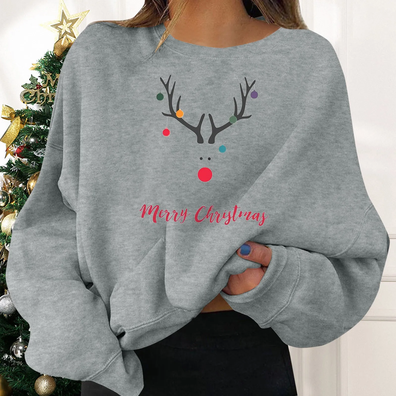 Solid Color Women Hoodies Oversize Christmas Elk Print Long Sleeve Print Sweatshirt Xmas Pullover Blouse Autumn Sweater Clothes