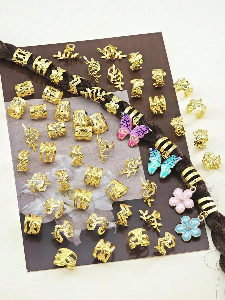 

54Pcs Adjustable Alloy Floral Wave Hair Rings With Butterfly And Flower Charms For Women