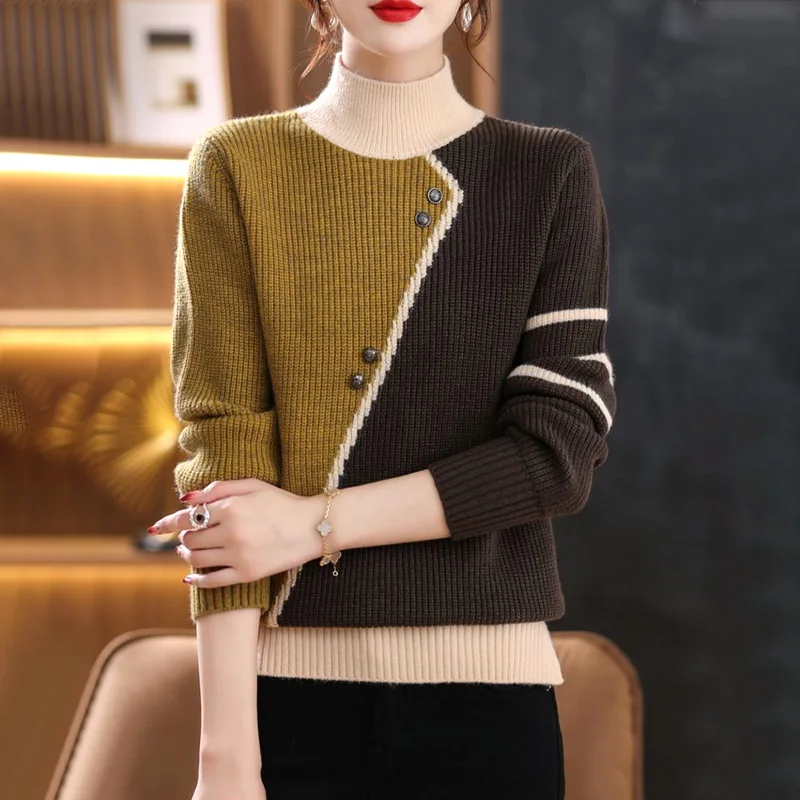 Asymmetrical Striped Button Knitted Splicing Sweaters Vintage Temperament Autumn Winter Thick Women\'s Clothing Elegant Keep Warm