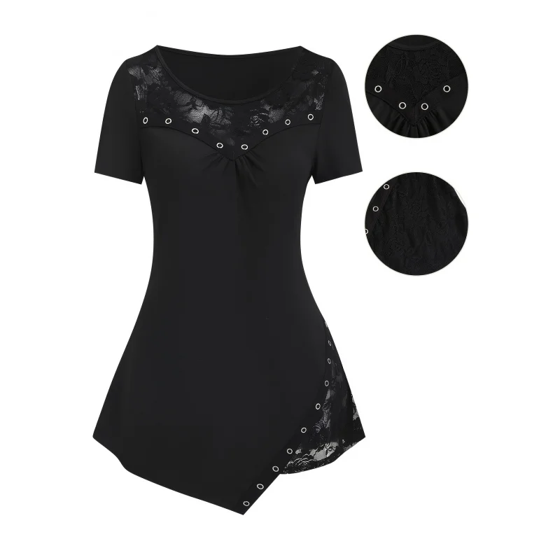 Women'S Retro Gothic Black Lace Spliced Short-Sleeved Top, Delicate Hollow Floral Neckline with Metal Ring Decoration, Irregular