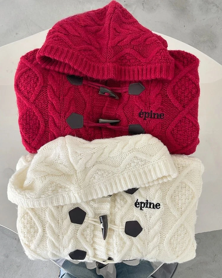 

Autumn Winter Thick Knit Sweater Hooded Casual Horn Button Japanese Style Long Sleeve Women's Knitted Cardigan Outerwear Coat