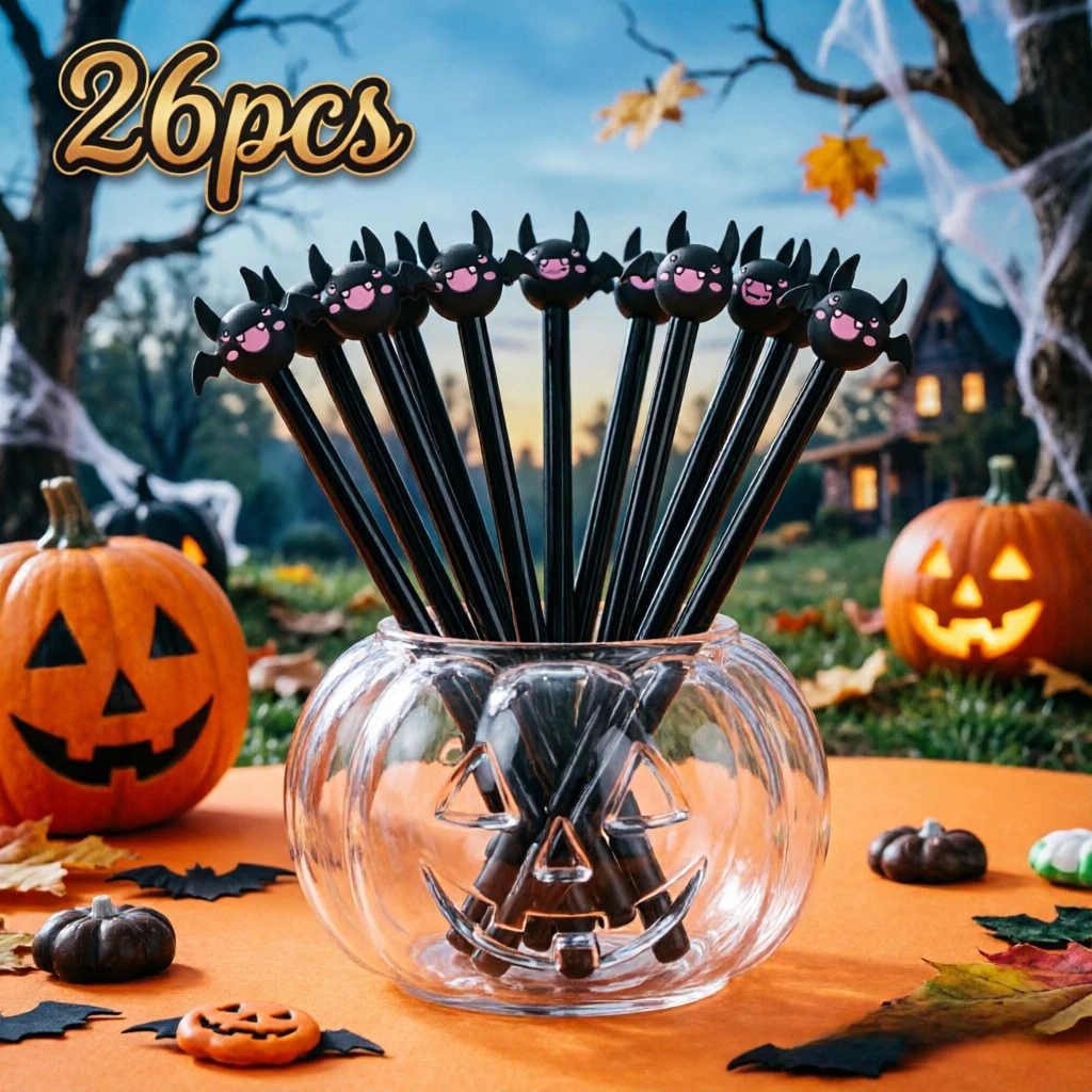 26pcs Halloween Bat Topper Ballpoint Pen Glossy Black Plastic Body Lightweight Smooth Writing Tool Decoration Holiday Theme