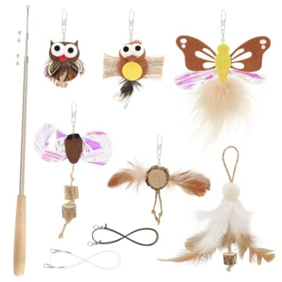 【New style】Interactive Cat Wand Toys - Retractable Teaser Wand And 6 Pieces Flying Bird And Crinkle Butterfly Dragonfly Cat Toy
