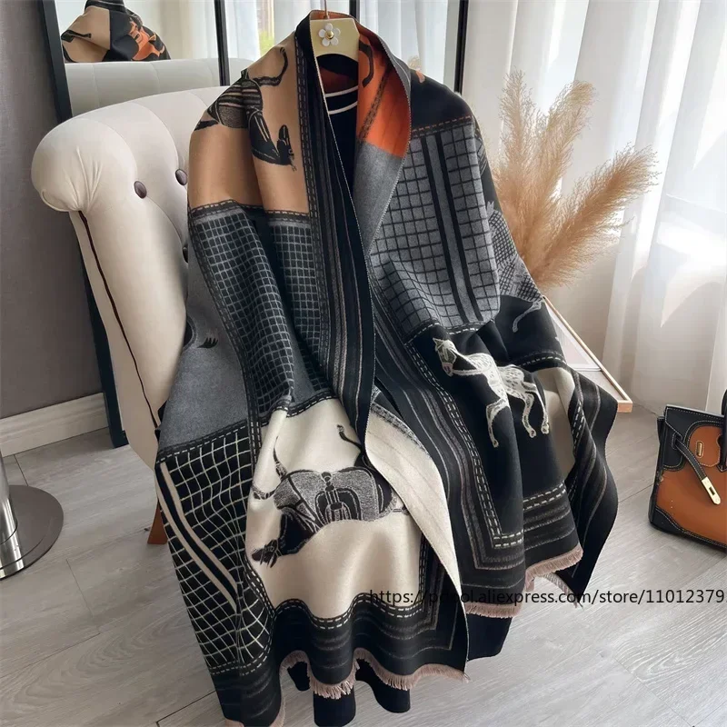 Luxury Warm Poncho Cashmere Winter Women Scarf Horse Print Shawl Wraps Female Thick Pashmina Blanket Bufanda Travel Echarpe 2024