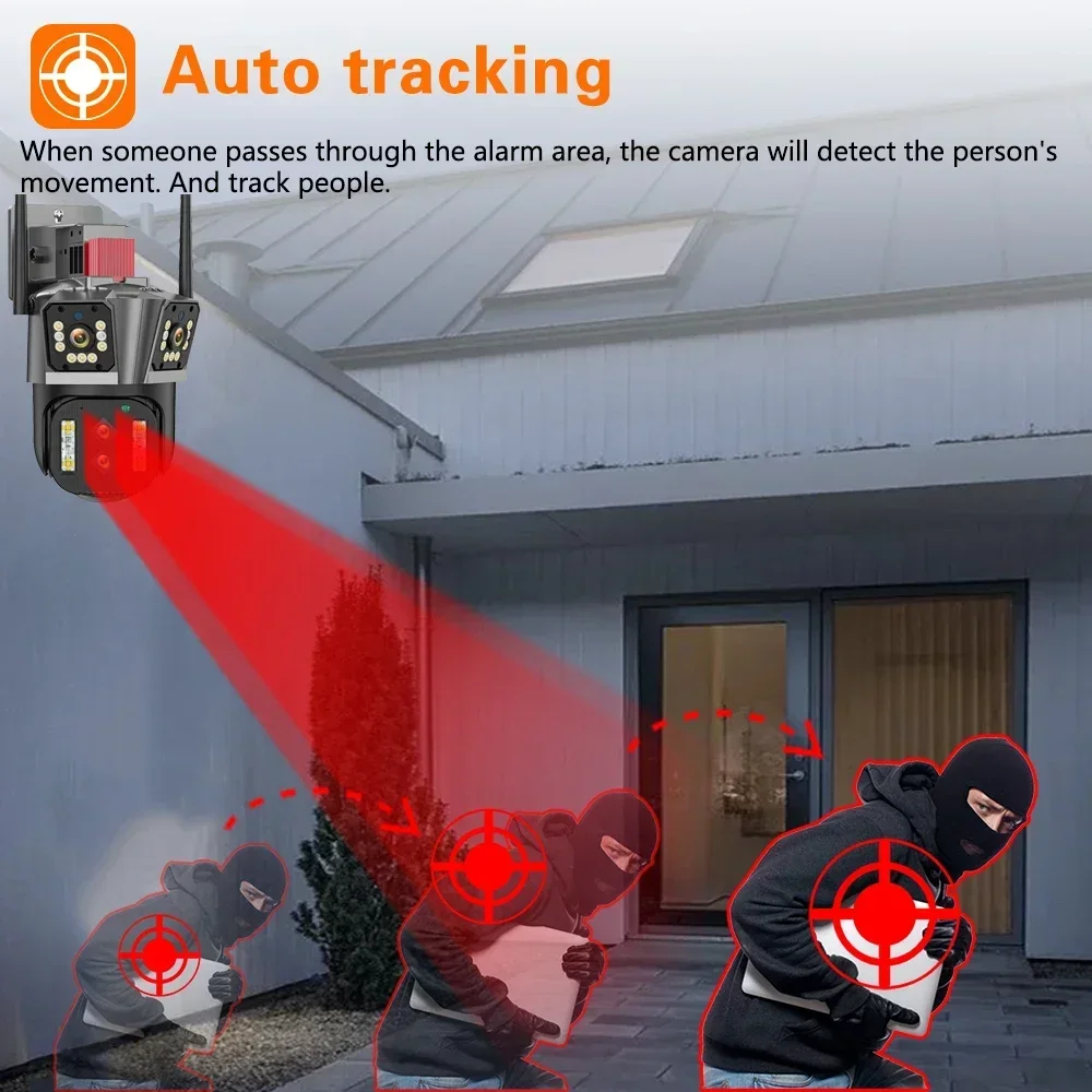 Smart Home 16MP 8K WIFI Surveillance Camera Four Lens Wireless Outdoor IP Camera 10X Zoom Optical Auto Tracking CCTV Camera PTZ