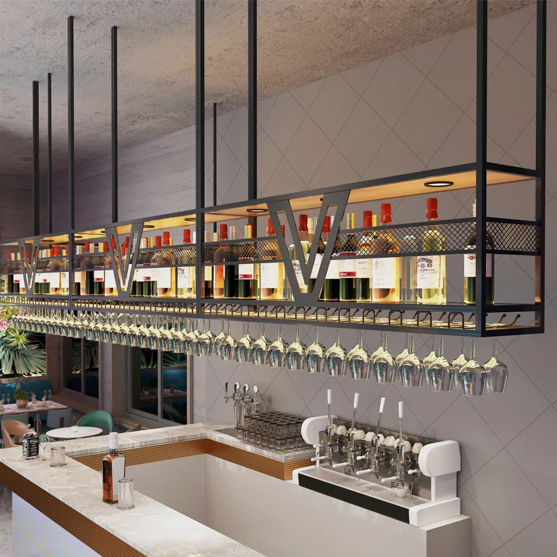 Bar wine glasses with inverted iron wrought wine glass racks, bar counter hanging racks, storage racks, and wine cabinets