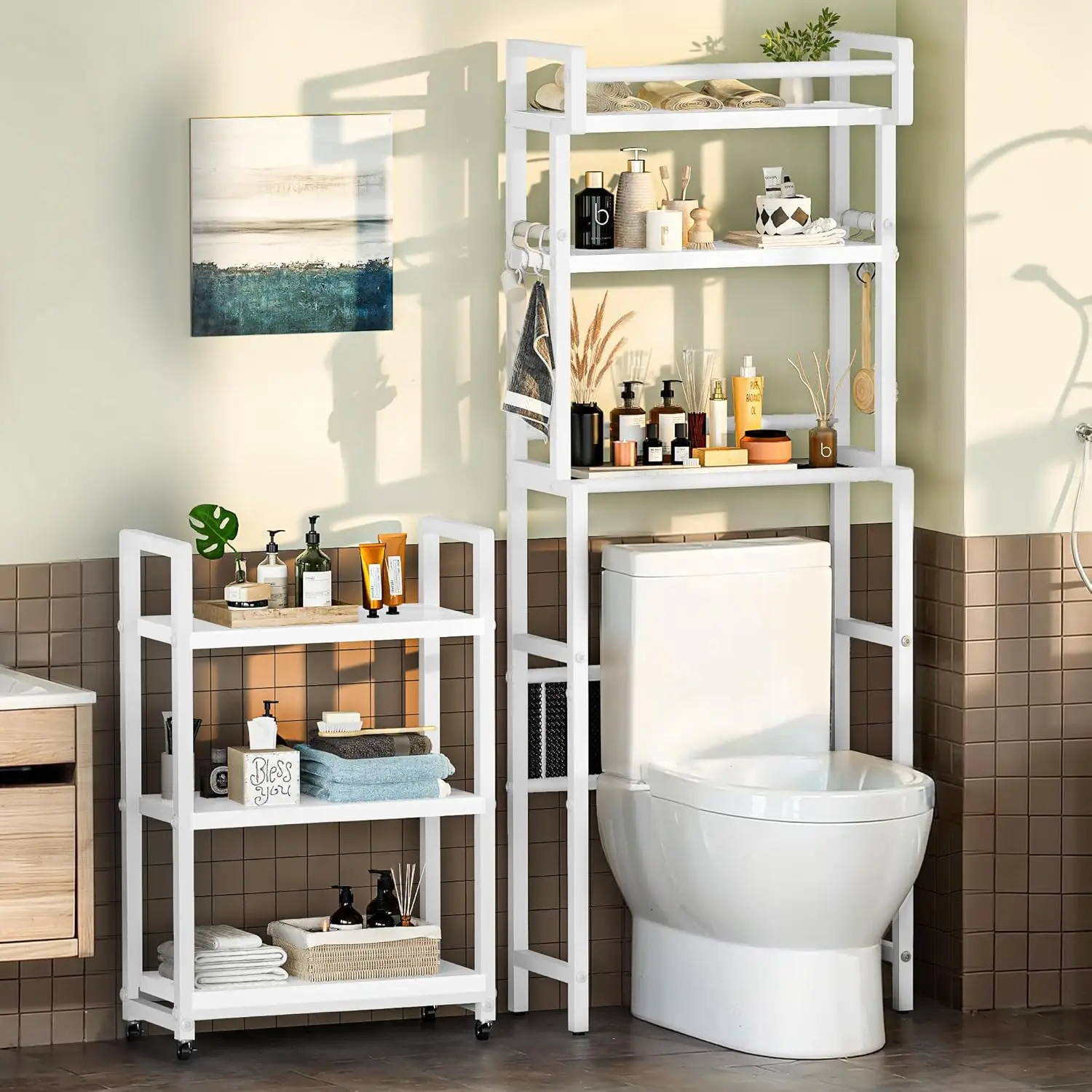 

6-Tier Over The Toilet Storage Shelf with Cart, Freestanding Above Toilet Shelf Rack, Farmhouse Bathroom Organizer Shelves, S