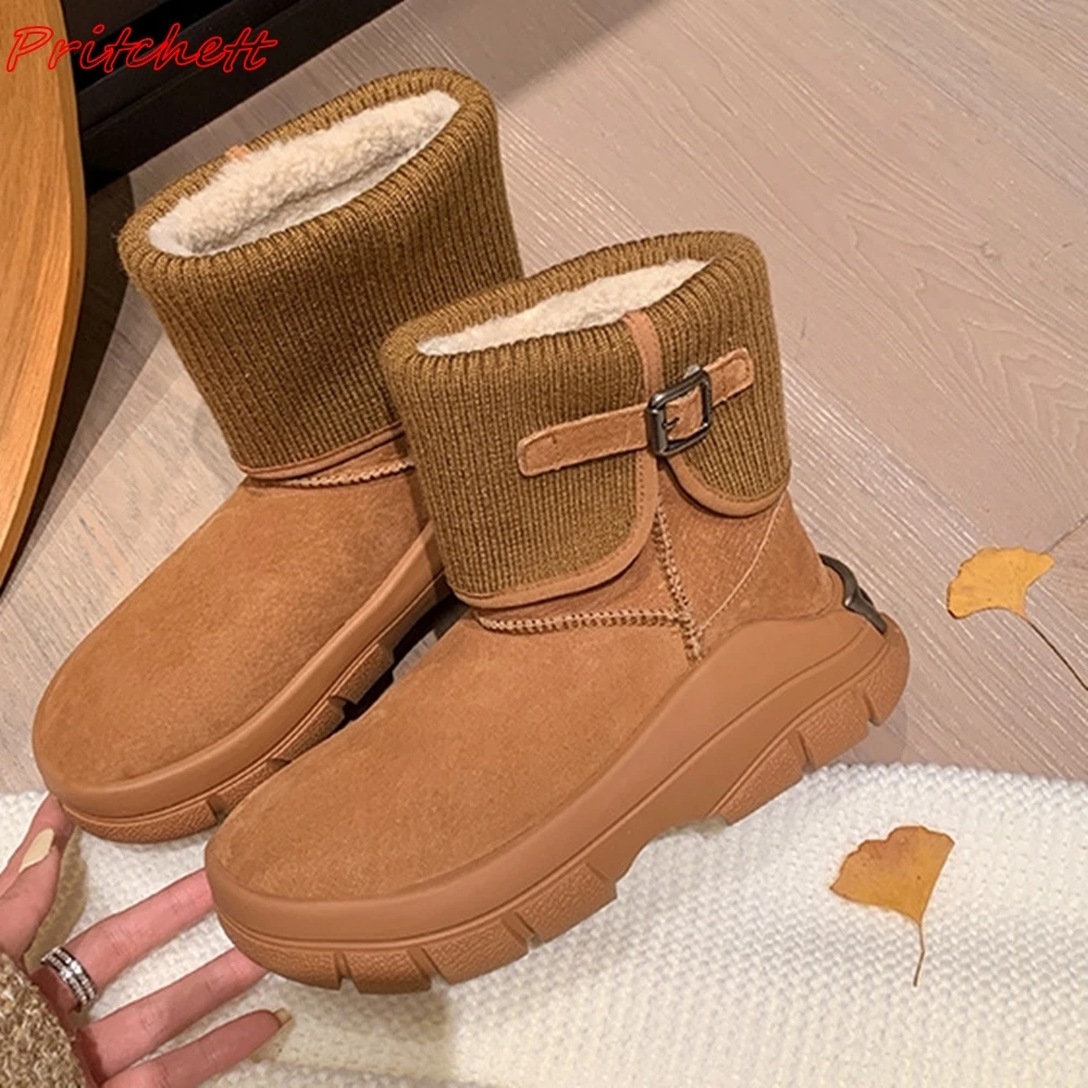 

Thick Sole Flannel Mid Calf Boots Women Round Toe Square Metal Buckle Flat with Short Boots Autumn Winter Casual Cotton Boots