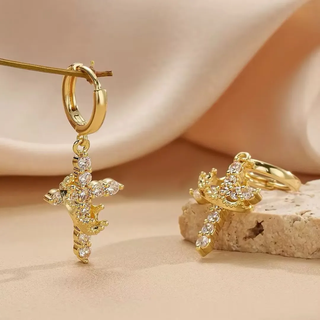 Vergoldete CZ X-Form Hängeohrringe, Micro Pave Zirkonia Tropfenohrringe für Damen Luxus Schmuck Geschenk