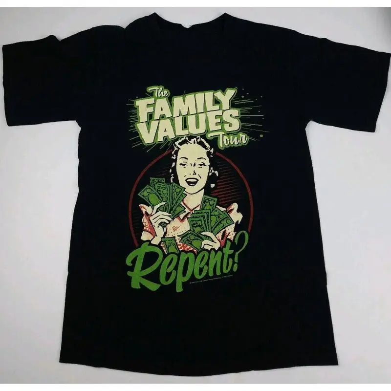 Хлопковая черная футболка полного размера Vtg Family Values Band Repent Tour J644 Хлопковая черная футболка полного размера Vtg Family Values Band Repent Tour J644