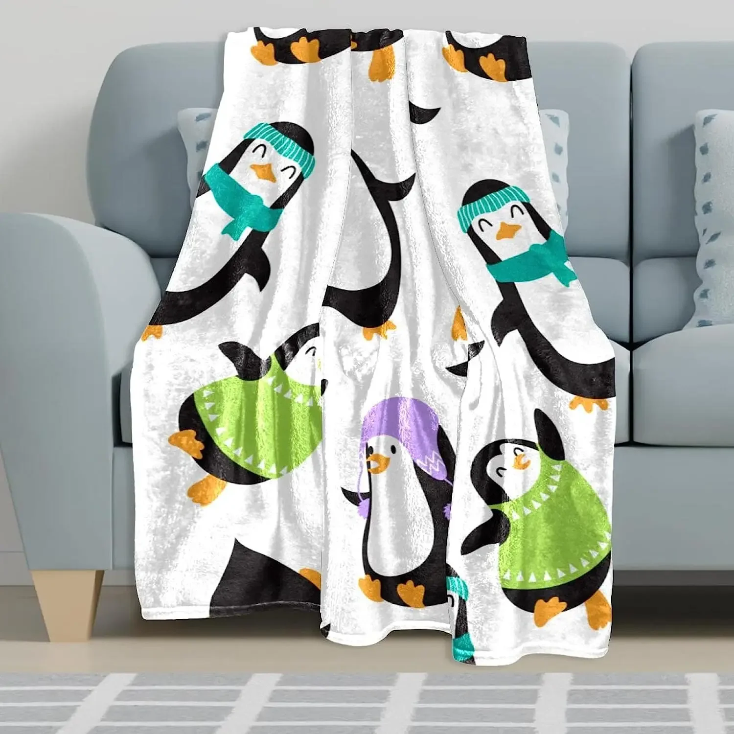 Plush Blanket Throw Blanket Warm Cozy Soft Microfiber Blankets, Cartoon Animal Penguin Christmas