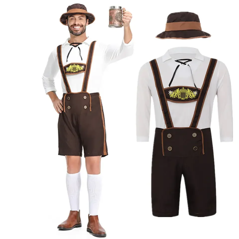 مهرجان أكتوبر زي الرجال مهرجان البيرة البافارية الألمانية لباس أبيض براون Lederhosen قبعة فستان بتصميم حالم ازياء كرنفال الزي