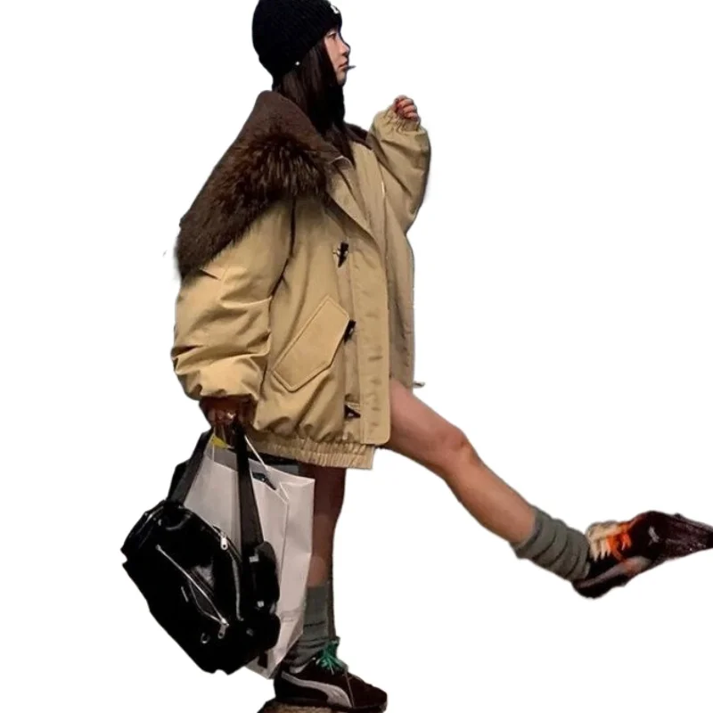 

Fur Collar Cotton Clothes Overcome Fall Winter New Cotton-padded Clothes American Thickened Warm Horn Hooded Student Jacket