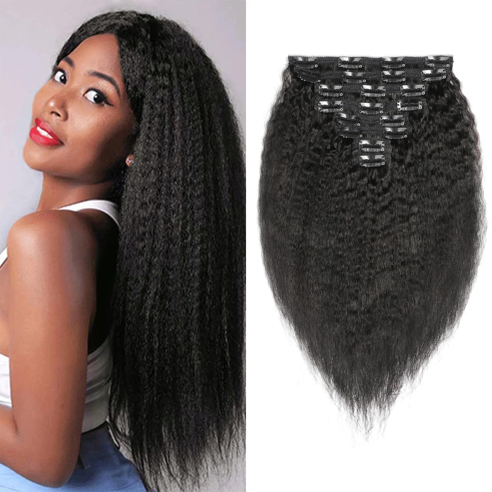 

Showcoco Kinky Straight Clip In Human Hair Extensions Полная голова 120 г/компл. Натуральный цвет Remy Hair Yaki Straight для чернокожих женщин