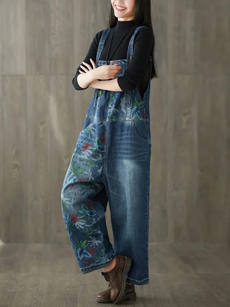 Amax luluE 2024 Fall Korean Fashion Jeans Women Vintage Loose Overalls Ladies Casual Printed Denim Trousers Classic Floral Pants