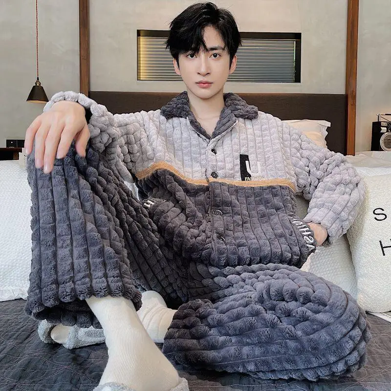 

Men's Clothing Pajamas Men Winter Y2K Clothing Autumn Youth Casual Wear Bath Clothes Flannel New Style Fashion 2Pcs/set Homewear
