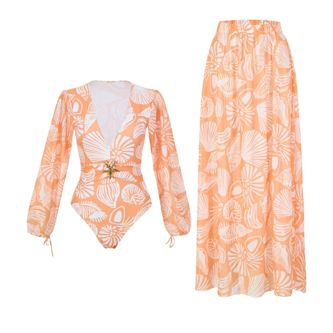 French-Style Swimsuit Wrap Dress Tea-Length Slimming Floral Print One-Piece Long Dress for Seaside Vacation Body-Hugging Summer