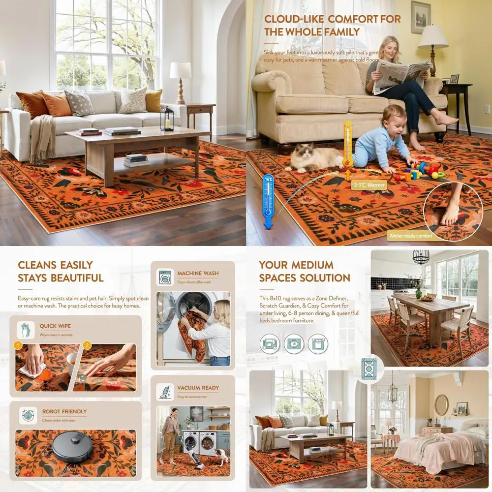 

Floral and Bird Patterned Area Rugs, Washable 8x10 for Living Room, Bedroom, Dining Room, Modern Bohemian Style