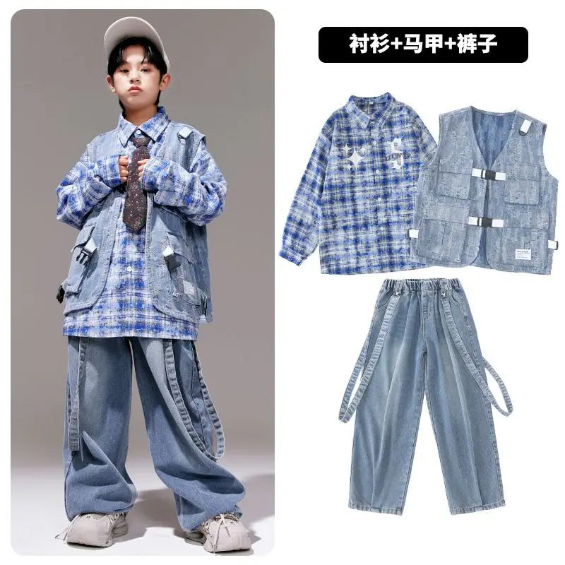 Hip Hop Jungen Paid Hemd Denim Weste Lose Jeans Mädchen Jazz Bluse Kind Street Dance Kleidung Sets Kinder Streetwear Teenager Kostüme