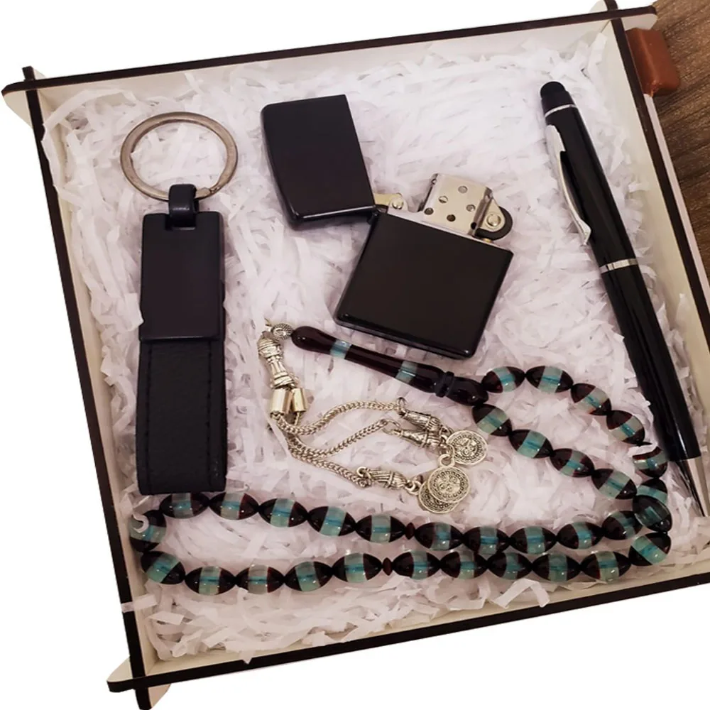 Male special Black Pen lighter Keychain And Powder Amber Rosary Set