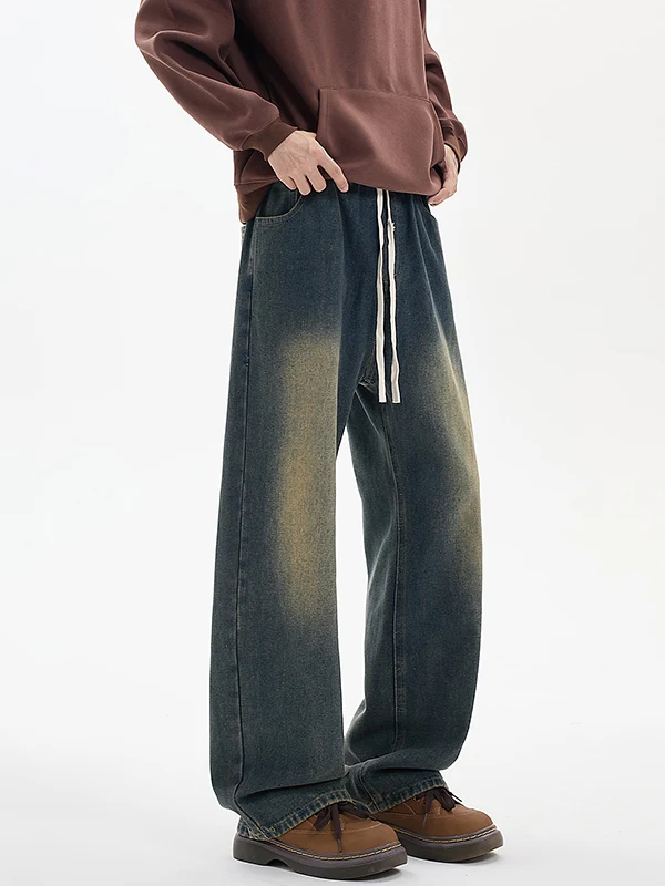 

Новые мужские свободные джинсы 2025 года в стиле High Street Fashion, американский ретро-дизайн, с эффектом потертости, микро-клеш, из смесового хлопка и полиэстера, прямого кроя