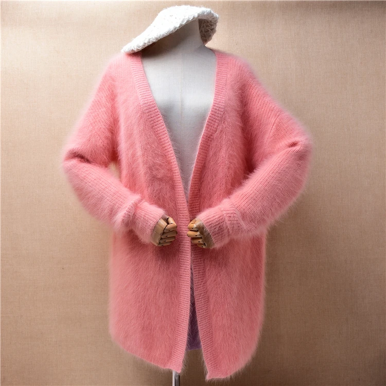 Ladies Women Fall Winter Clothing Pink Hairy Angora Rabbit Hair Knitted Long Sleeves Loose Long Sweater Cardigans Mantle Jacket