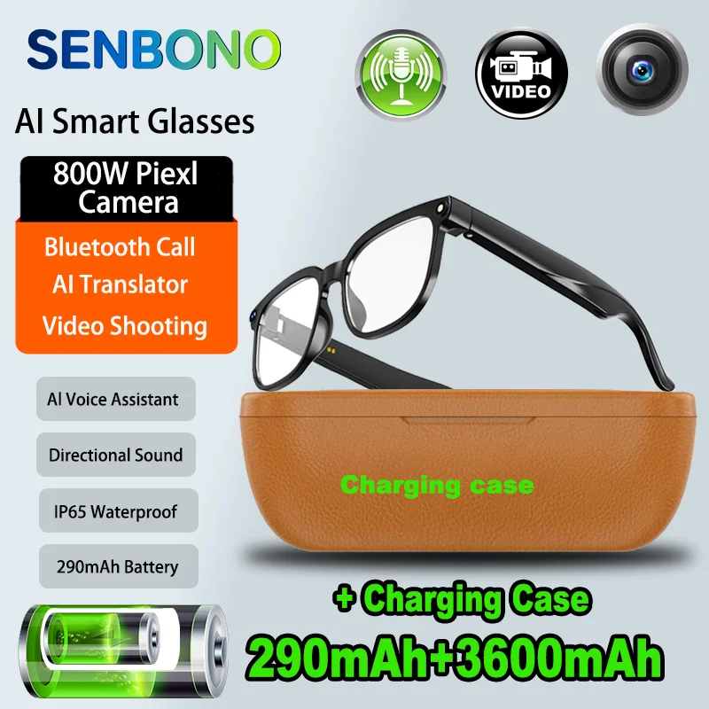 

SENBONO NEW Smart Glasses with 800W Piexl Camera AI Translator Sunglasses Bluetooth Call Take Video Smart Glasses for Men Women
