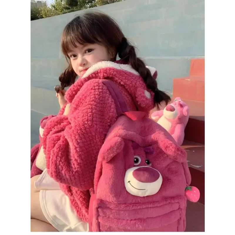 Disney Strawberry Bear Plush Cute Backpack High Capacity Light Bag Kawaii Girl Backpack School Student Young Girl Convenient Bag