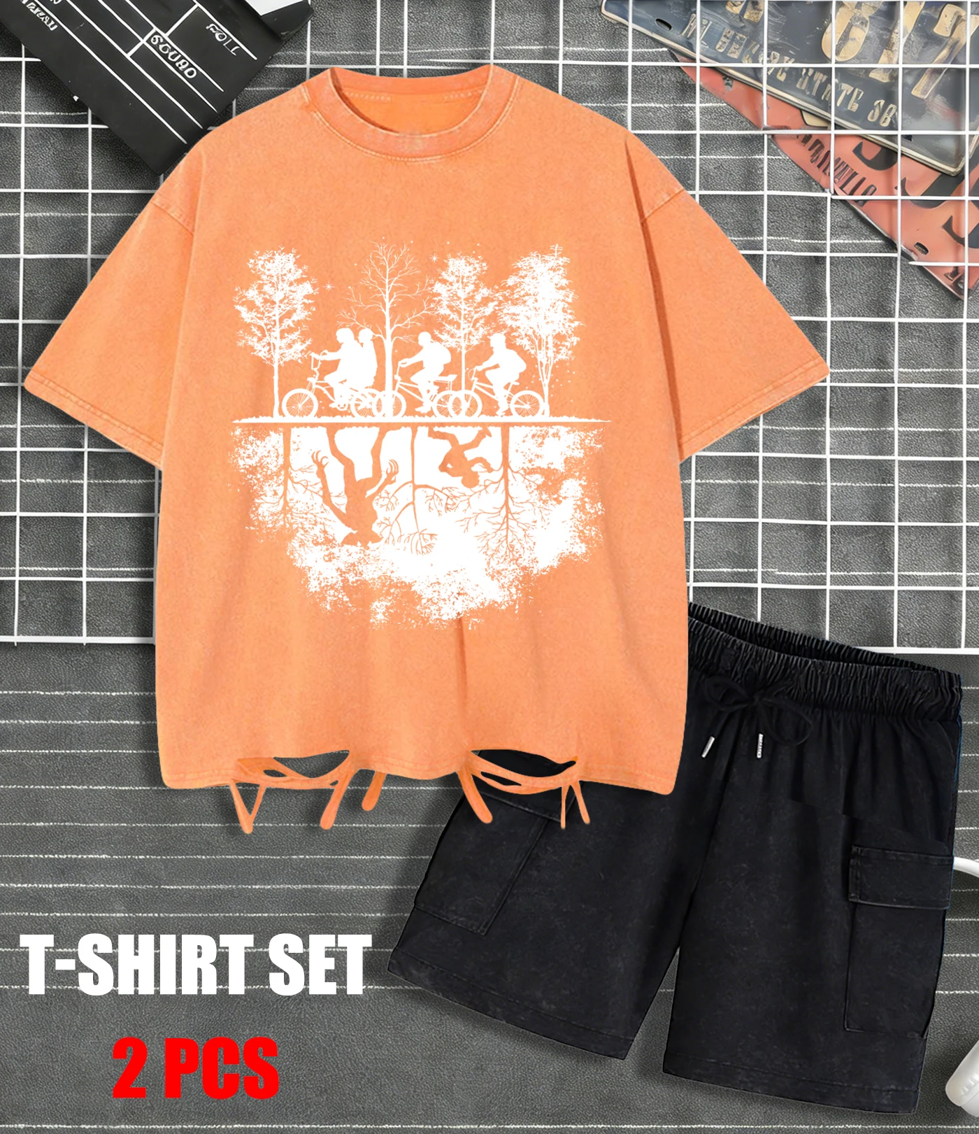 

Boy Riding A Bicycle Design Washed T Shirts Men Summer All-Match Top Trendy Loose Short Sleeve Unisex Soft Cotton Streetset