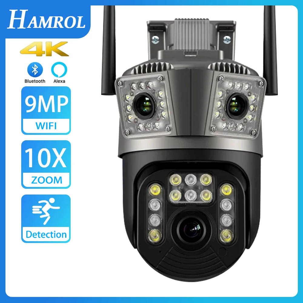 

HD 5K 9MP WiFi IP Camera 3 Lens 3 Screens 10X Zoom PTZ Camera Auto Tracking Outdoor Wireless 6MP CCTV Security Camera IPC360