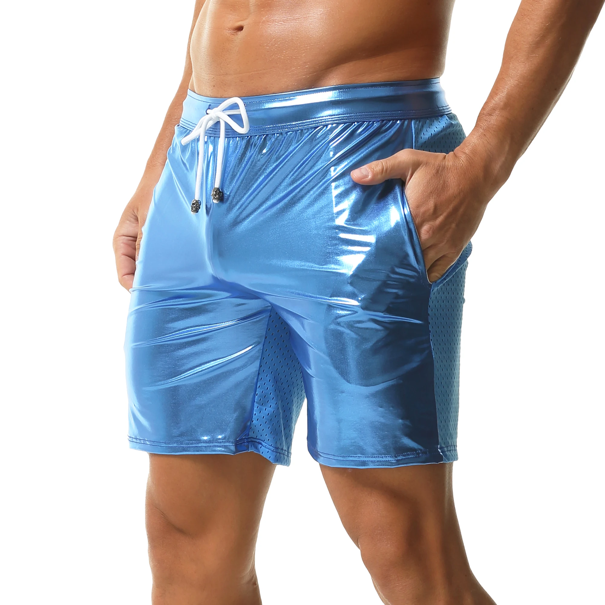 

New Fashionable Shiny Patchwork Mesh Men's Shorts Breathable Sexy Boxer Shorts Fitness Club Sportswear Solid Color Casual Pants