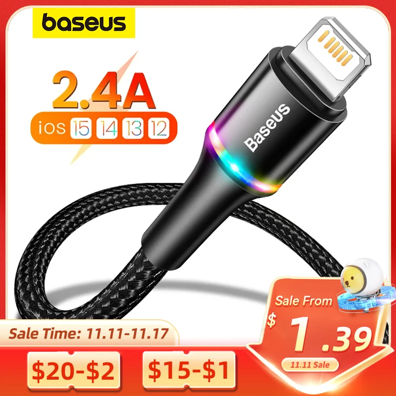 Baseus USB Cable For iPhone 12 11 13 Pro XS Max Xr X 8 7 6 LED Lighting Fast Charge Charger Date Phone Cable For iPad Wire Cord