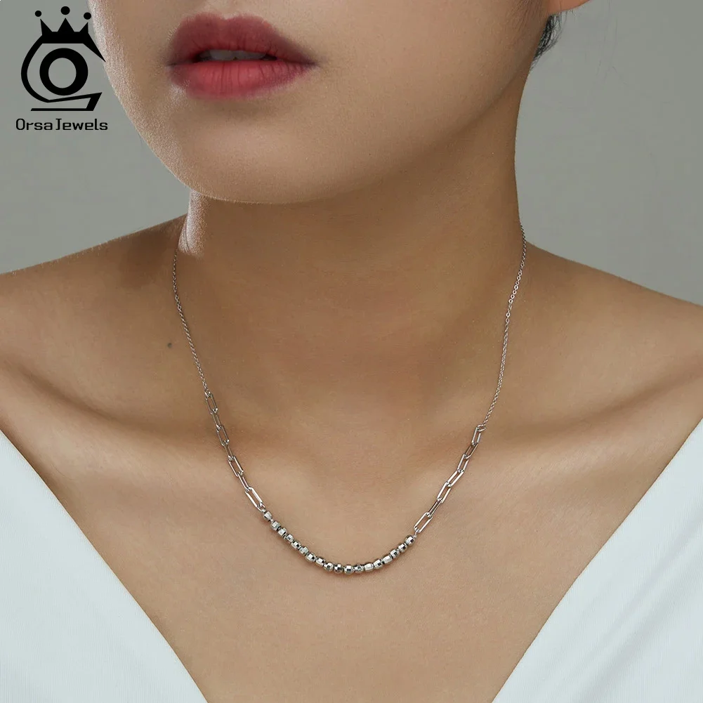 

ORSA JEWELS Trendy 925 Silver Splice Paperclip Ball Beads Chain Necklace for Women Lady Elegance Jewelry Birthday Gift APN57