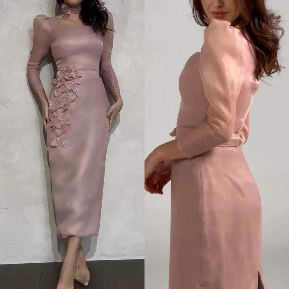 

Атласное платье миди с цветочными рюшами и блестками по индивидуальному заказу, клубное платье трапециевидной формы с квадратным вырезом на заказ