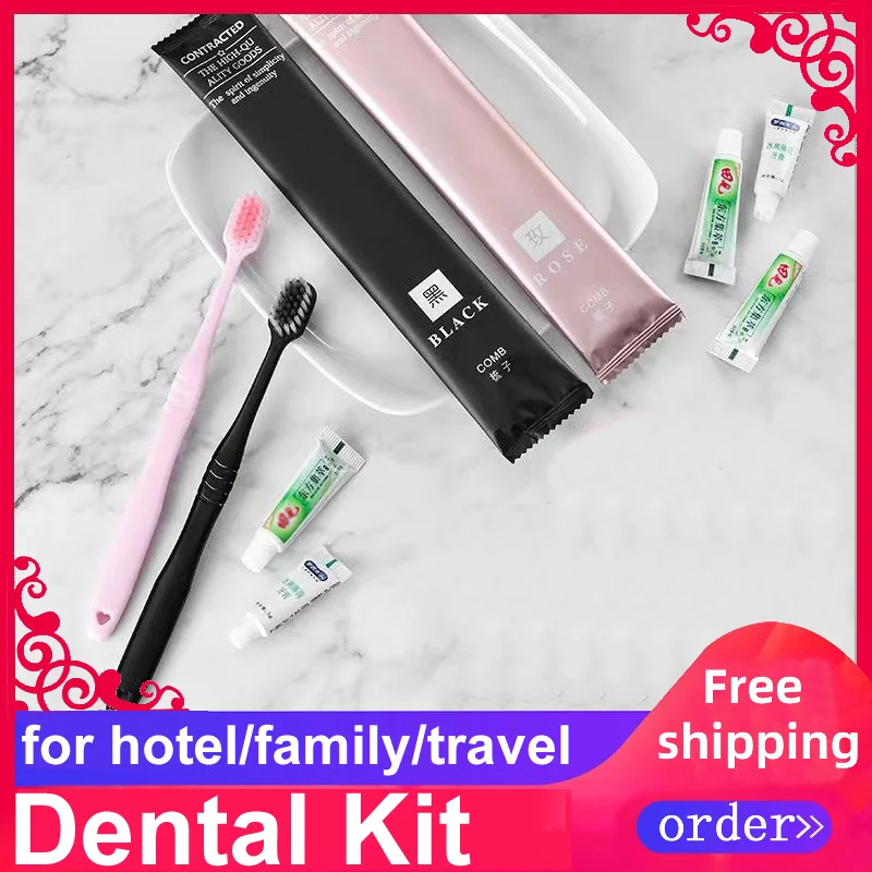 Free Shipping Pink Black Toothbrush 3g Toothpastes Dental Kit Wholesale Hotel Supplier Independent Packaging