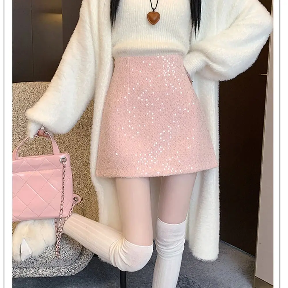 Sparkling A-Line Short Skirt Pants Women's Autumn Winter 2026 New Slim High Waist Wrap Hip Skirt with Sequins Woolen Chic Outfit