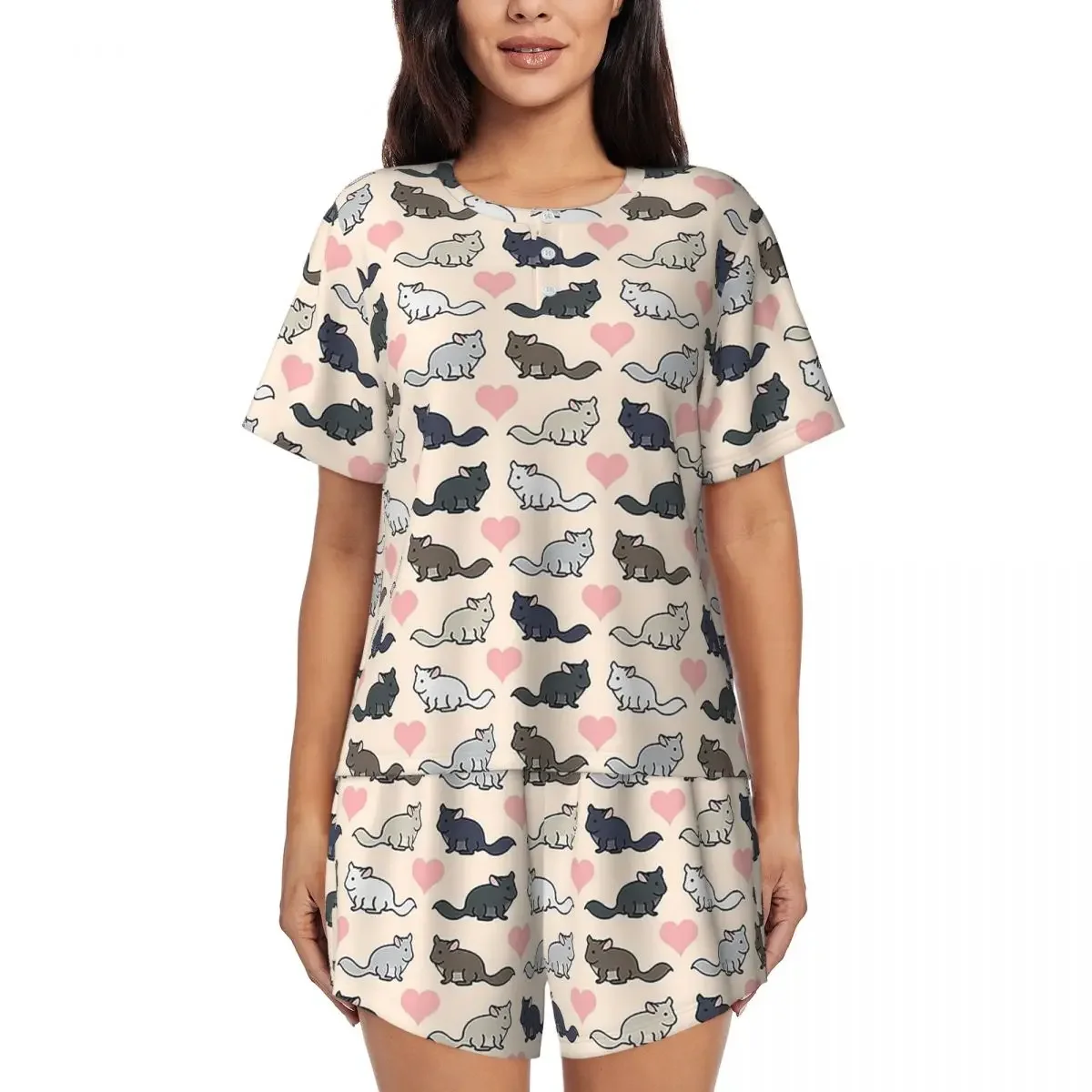 Chinchilla Love Rundhals-Kurzarm-Nachthemden zum Schlafen, Schlafhemden für Damen, weiches Pyjama-Set, kurze Hosen