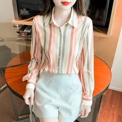 Satin Long Sleeve Women's Shirt New South Korea Fashion Casual Lapel Blouse Striped Loose Single-breasted Top